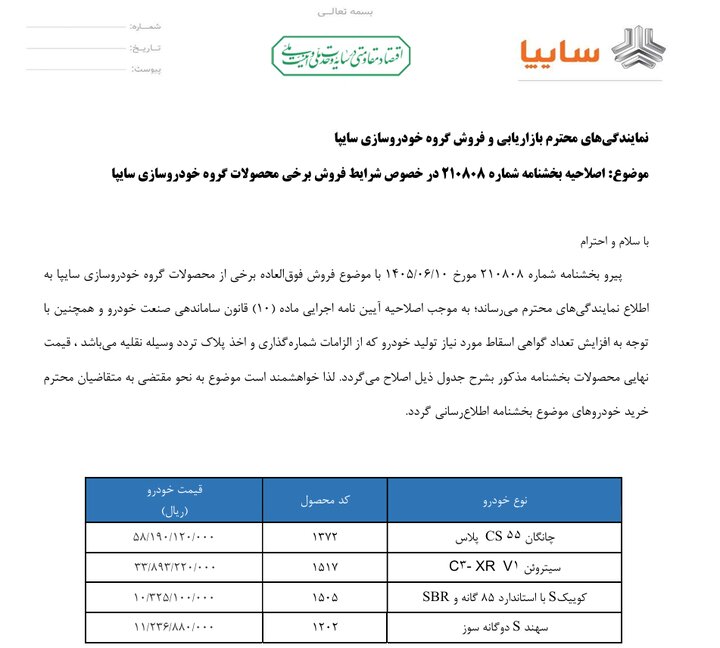 قیمت ۴ محصول سایپا افزایش یافت